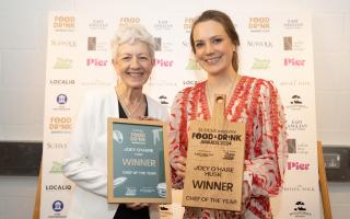 Left to right, Jayne Lindill (editor, Suffolk Magazine) and Joey O’Hare from Husk, who won Chef of the Year