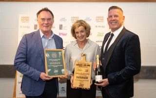 From left, Sam and Clare Fairs from Hillfarm Oils with Jon Matthews of award sponsor Thomas Ridley Food Service
