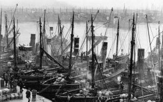 Steam drifters in the harbour in the 1920s.